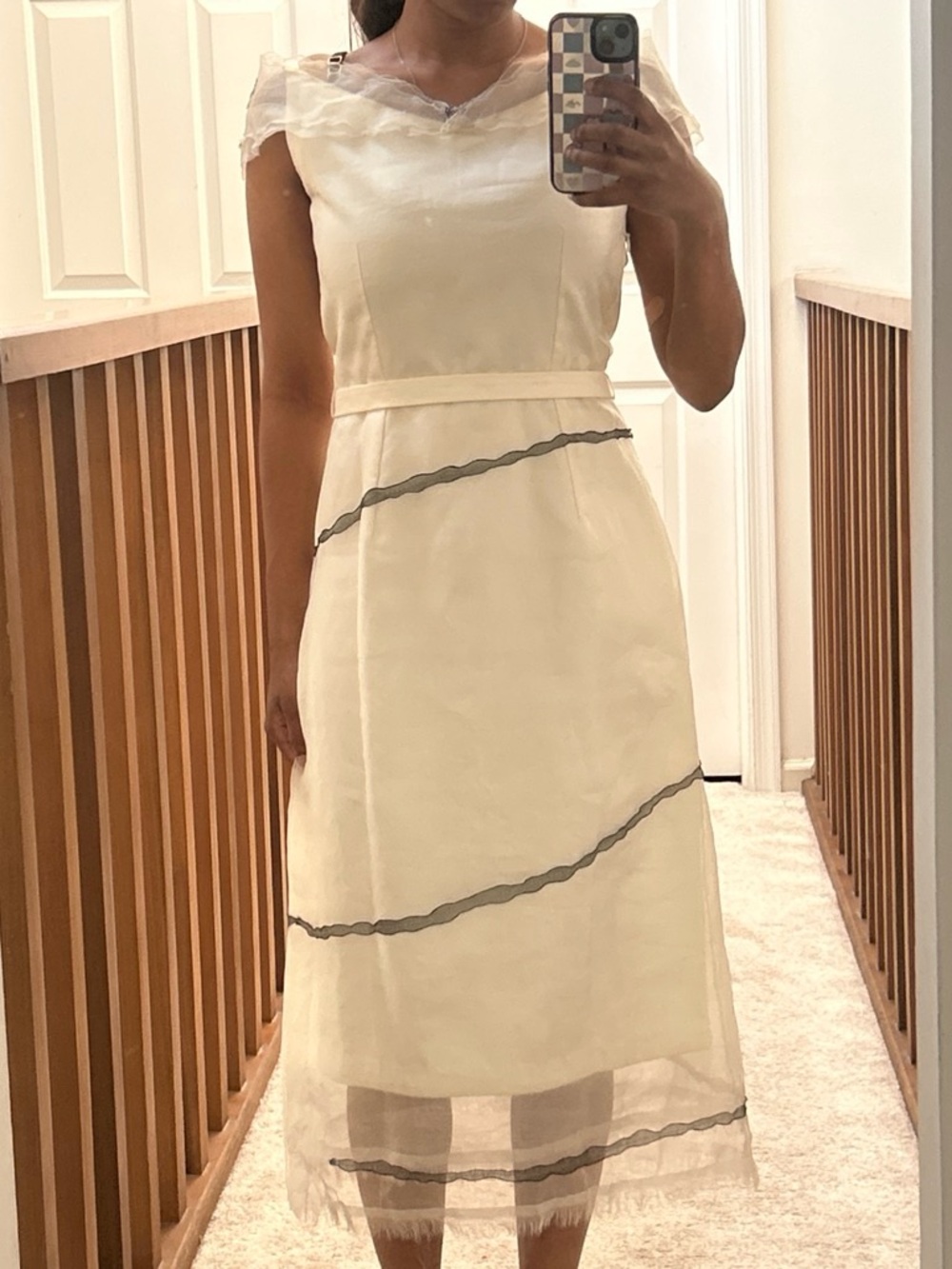 Ivory Off-Shoulder A-Line Dress with Sheer Trim